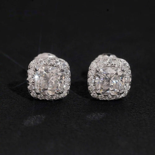 Iced Cushion Halo Stud Earrings — Moissanite, 925 Silver