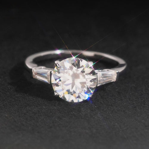 Round Cut Tapered Baguette Ring — Moissanite, 925 Silver