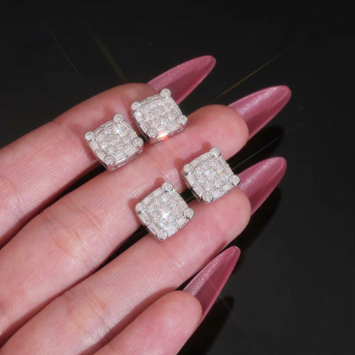 Square Cluster Earrings Screw Back — Moissanite, 925 Silver
