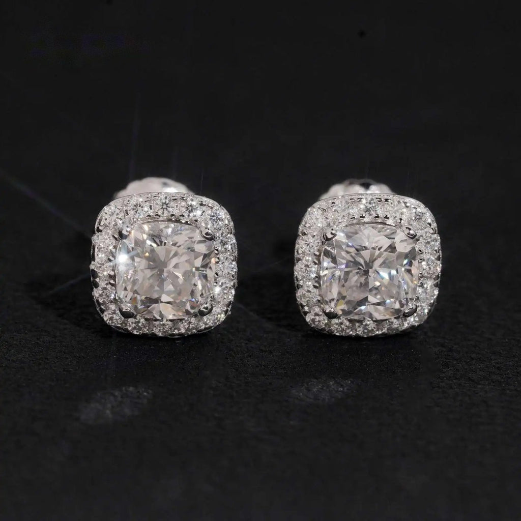 Iced Cushion Halo Stud Earrings — Moissanite, 925 Silver
