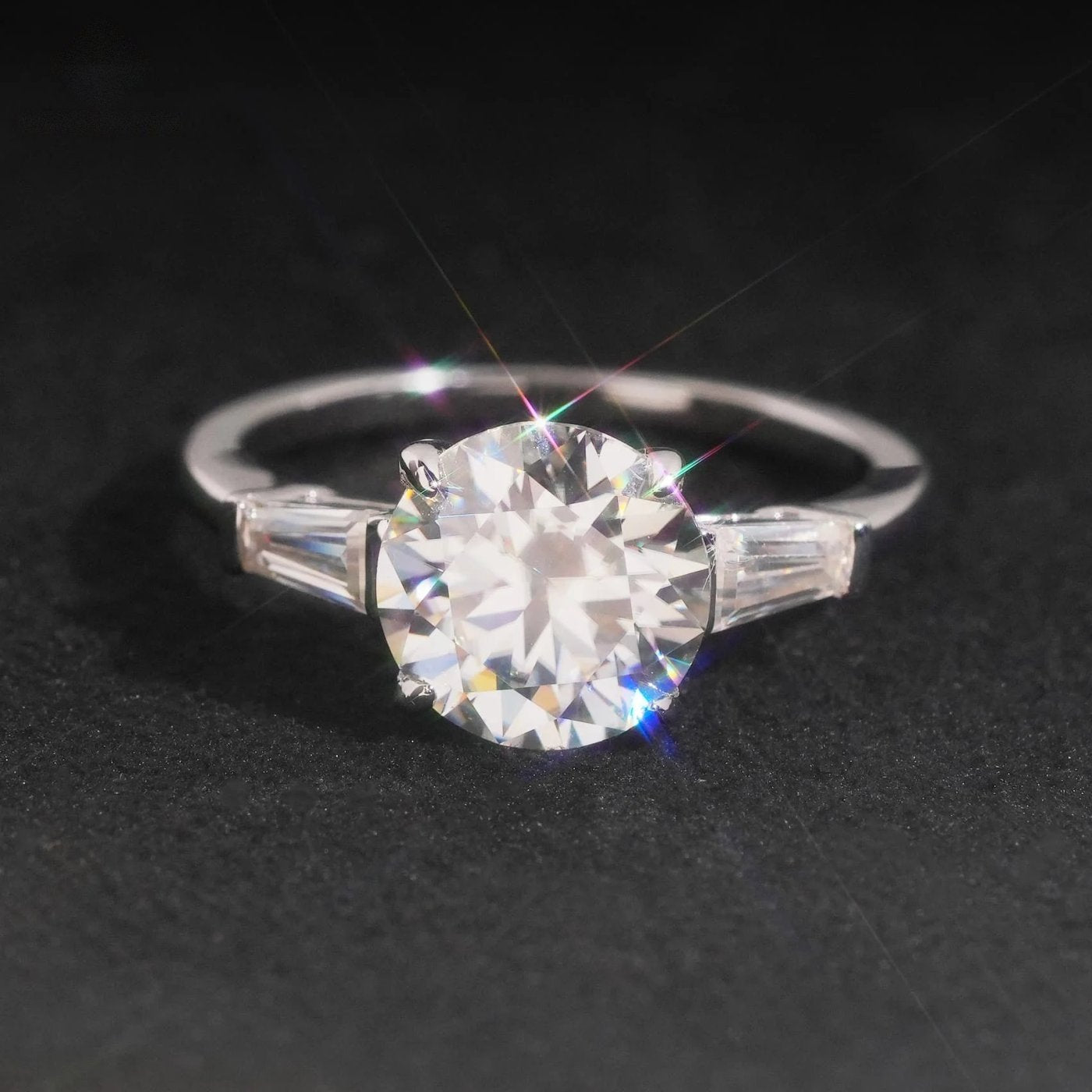 Round Cut Tapered Baguette Ring — Moissanite, 925 Silver
