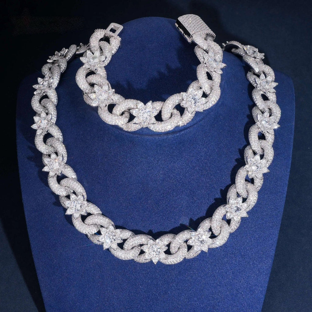 18mm Bling Flower Cuban Chain — Moissanite, 925 Silver