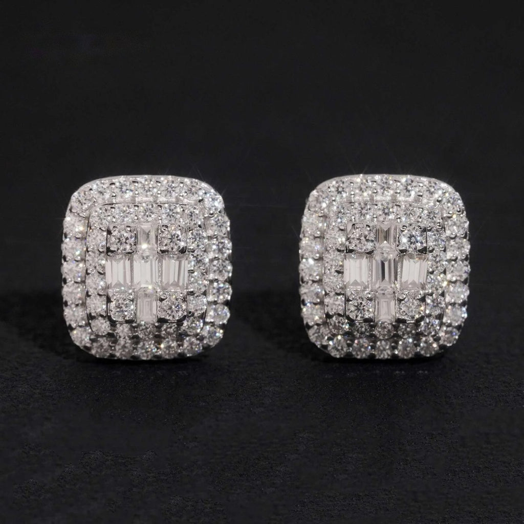 Men's Iced Square Stud Earrings — Moissanite, 925 Silver
