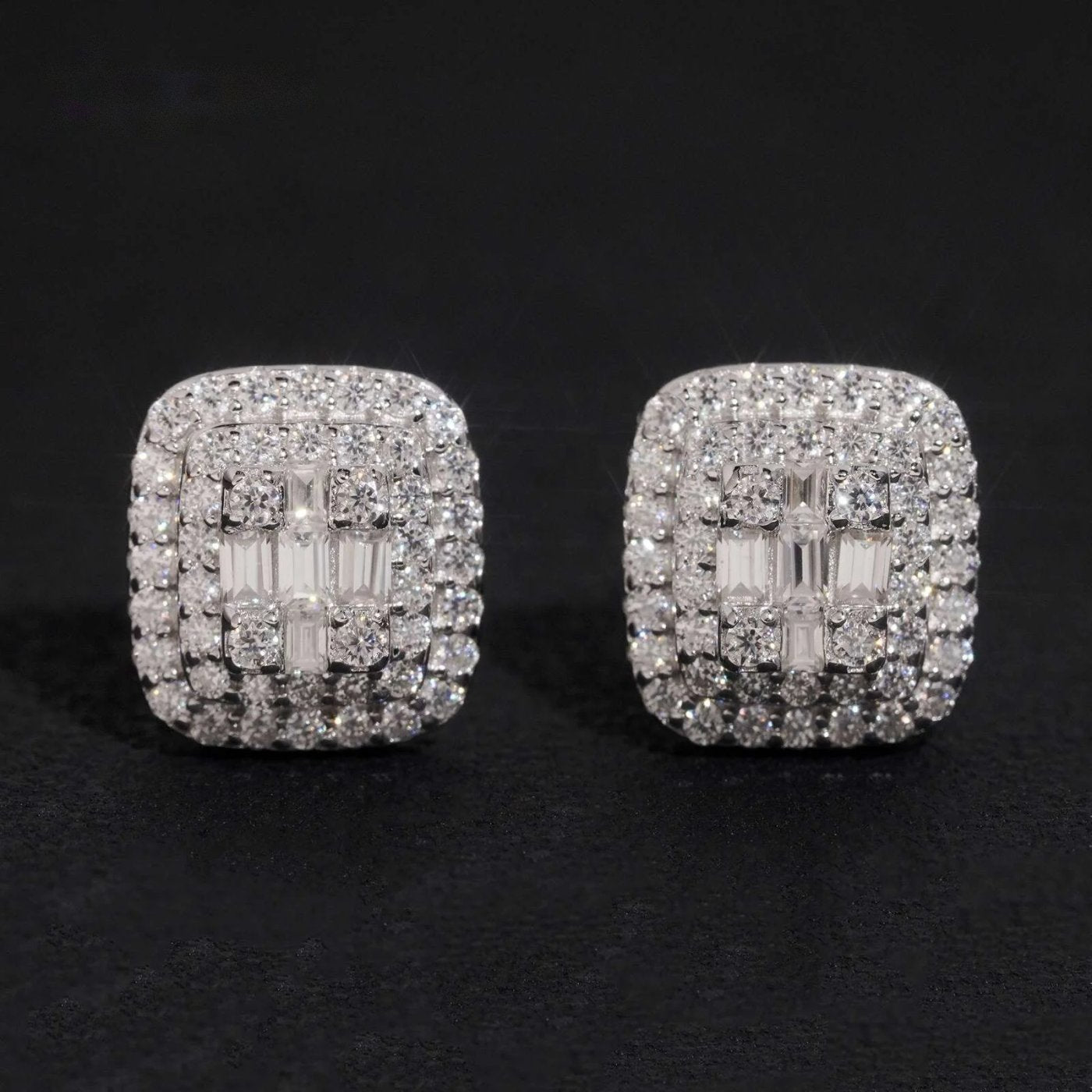 Men's Iced Square Stud Earrings — Moissanite, 925 Silver