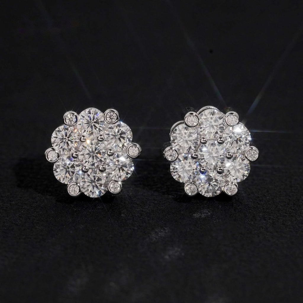 Flower Cluster Stud Earrings — Moissanite, 925 Silver