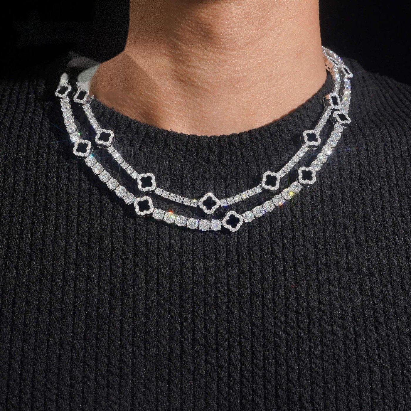 Black Agate Clover Tennis Chain — Moissanite, 925 Silver