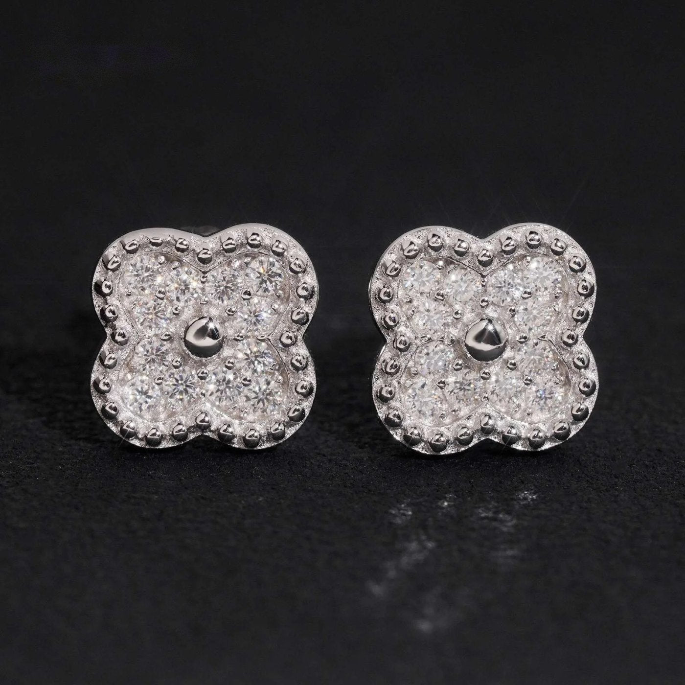 Clover Pavé Stud Earrings — Moissanite, 925 Silver