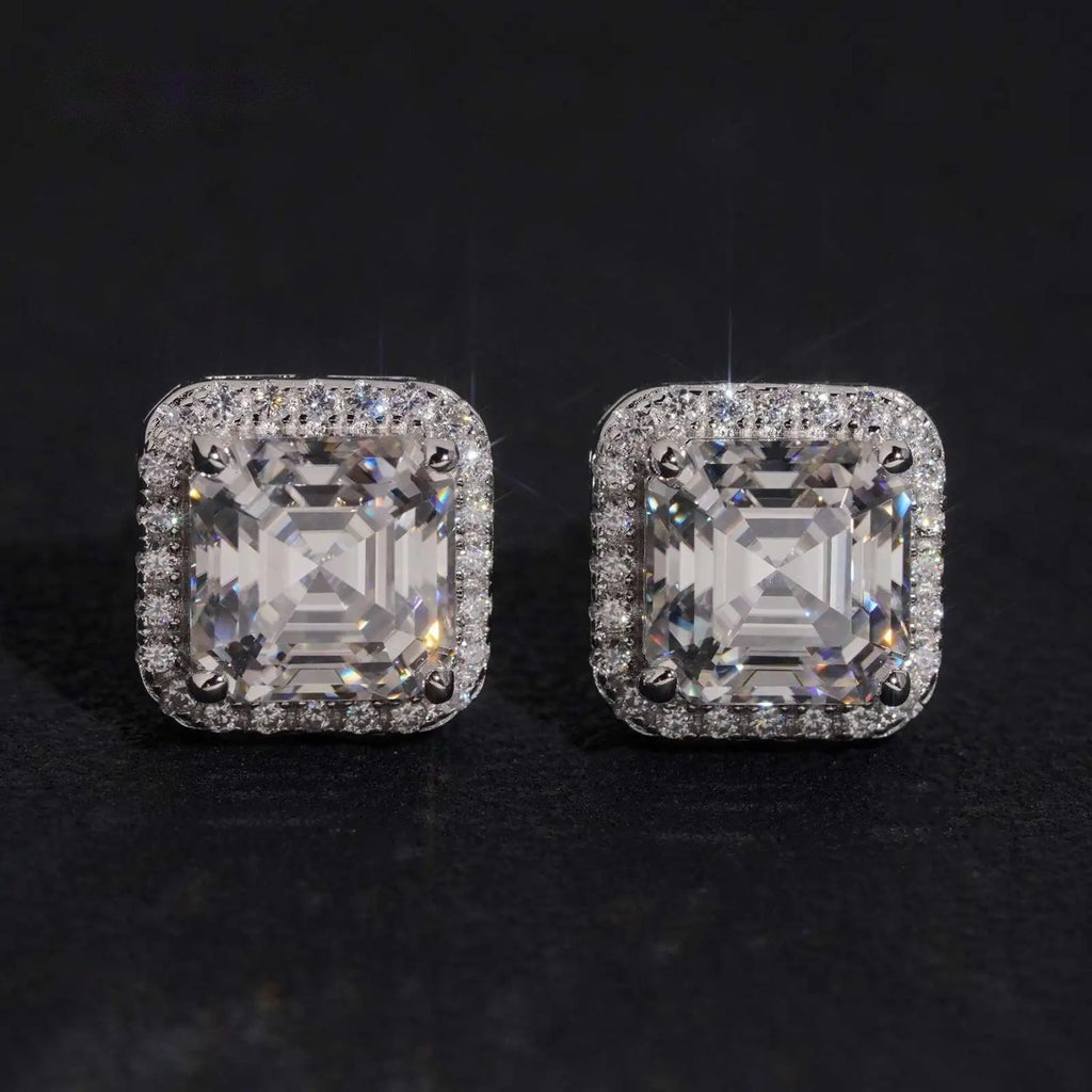 Iced Square Halo Stud Earrings — Moissanite, 925 Silver