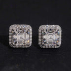 Iced Square Halo Stud Earrings — Moissanite, 925 Silver