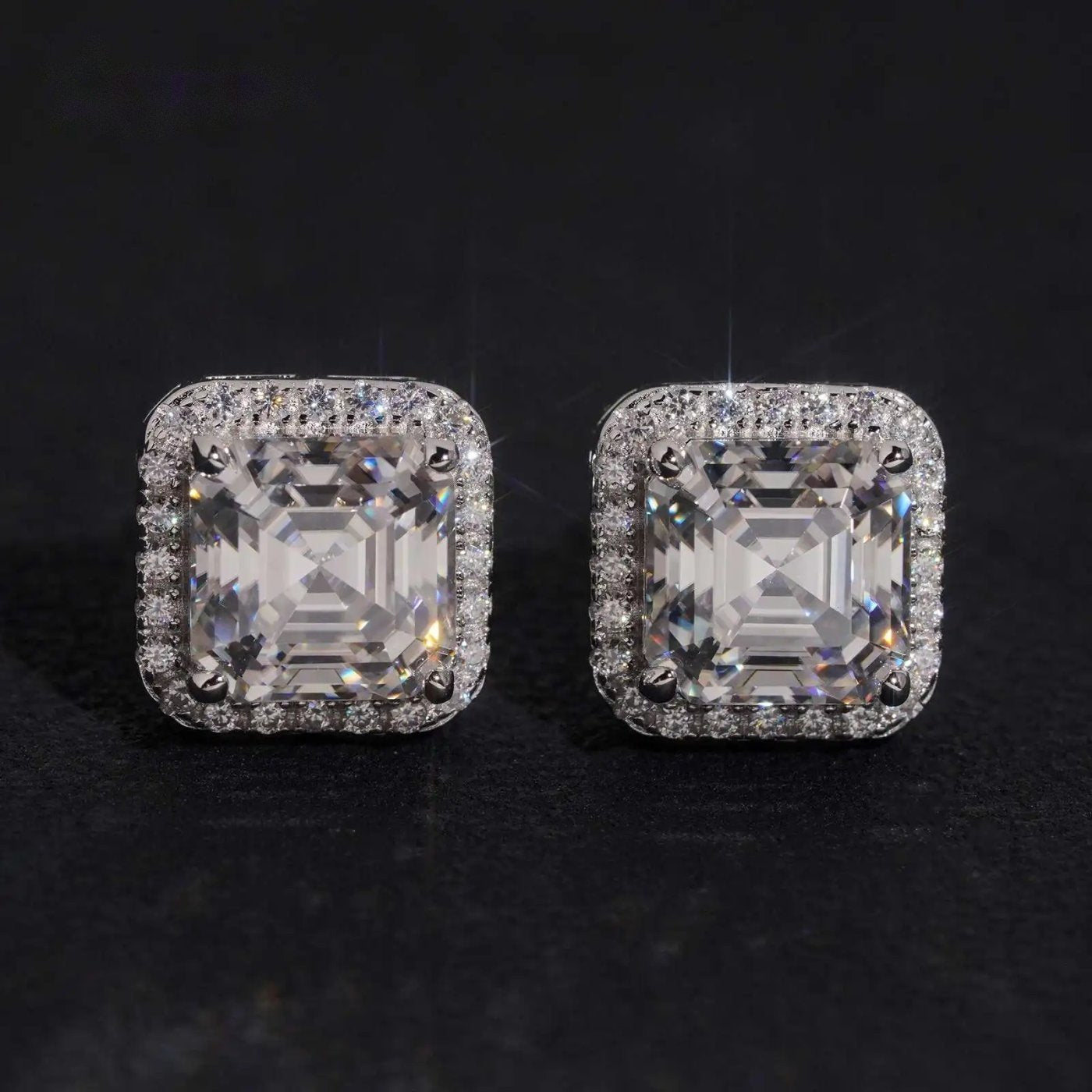 Iced Square Halo Stud Earrings — Moissanite, 925 Silver