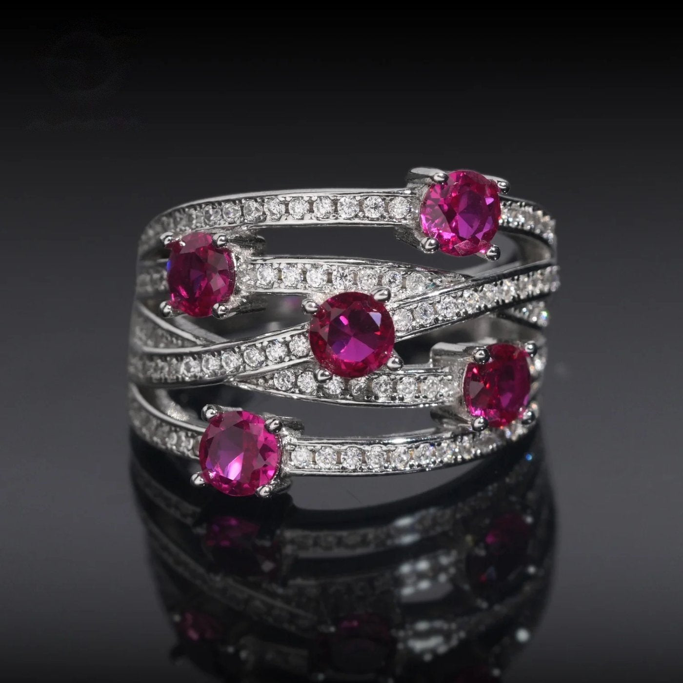 Vivid Pink Wave Ring — Moissanite, 925 Silver