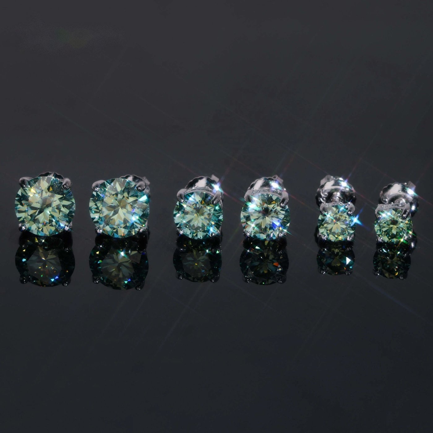 Blue-Green Round Solitaire Studs — Moissanite, 925 Silver