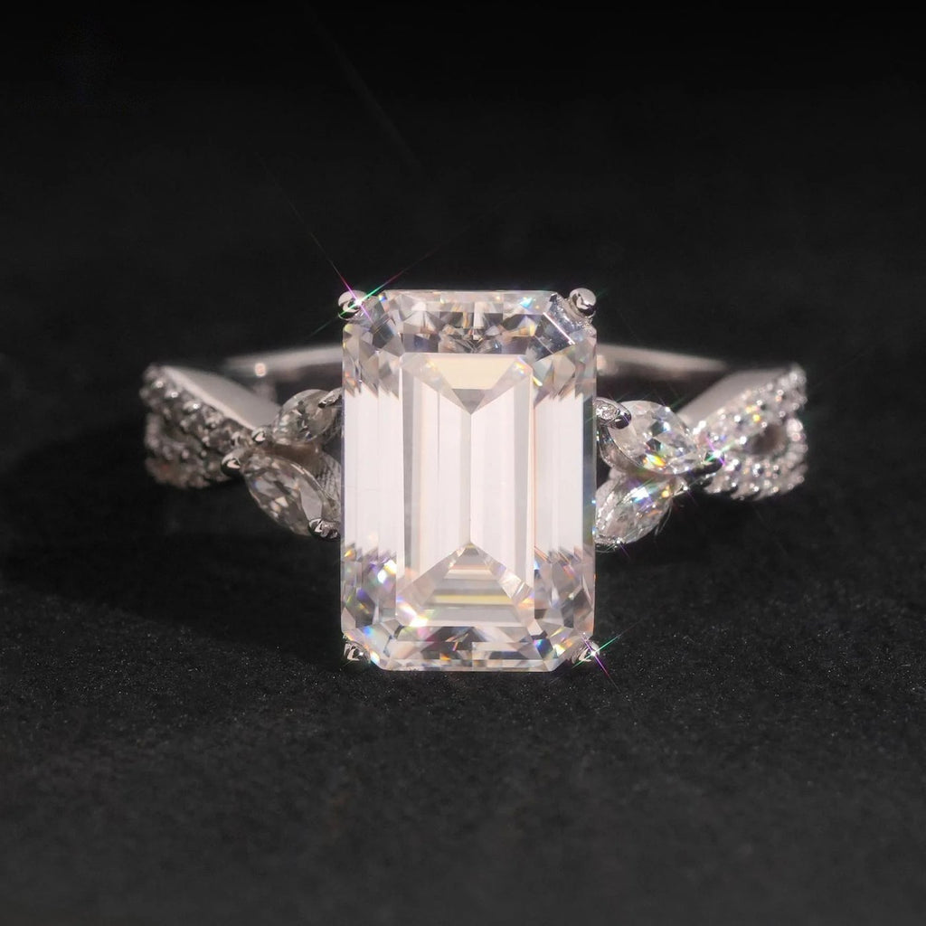 Emerald Cut Twist Band Ring — Moissanite, 925 Silver