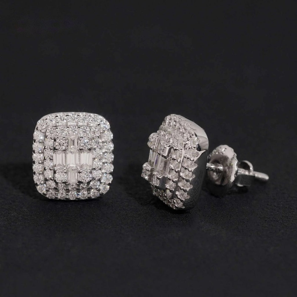 Men's Iced Square Stud Earrings — Moissanite, 925 Silver