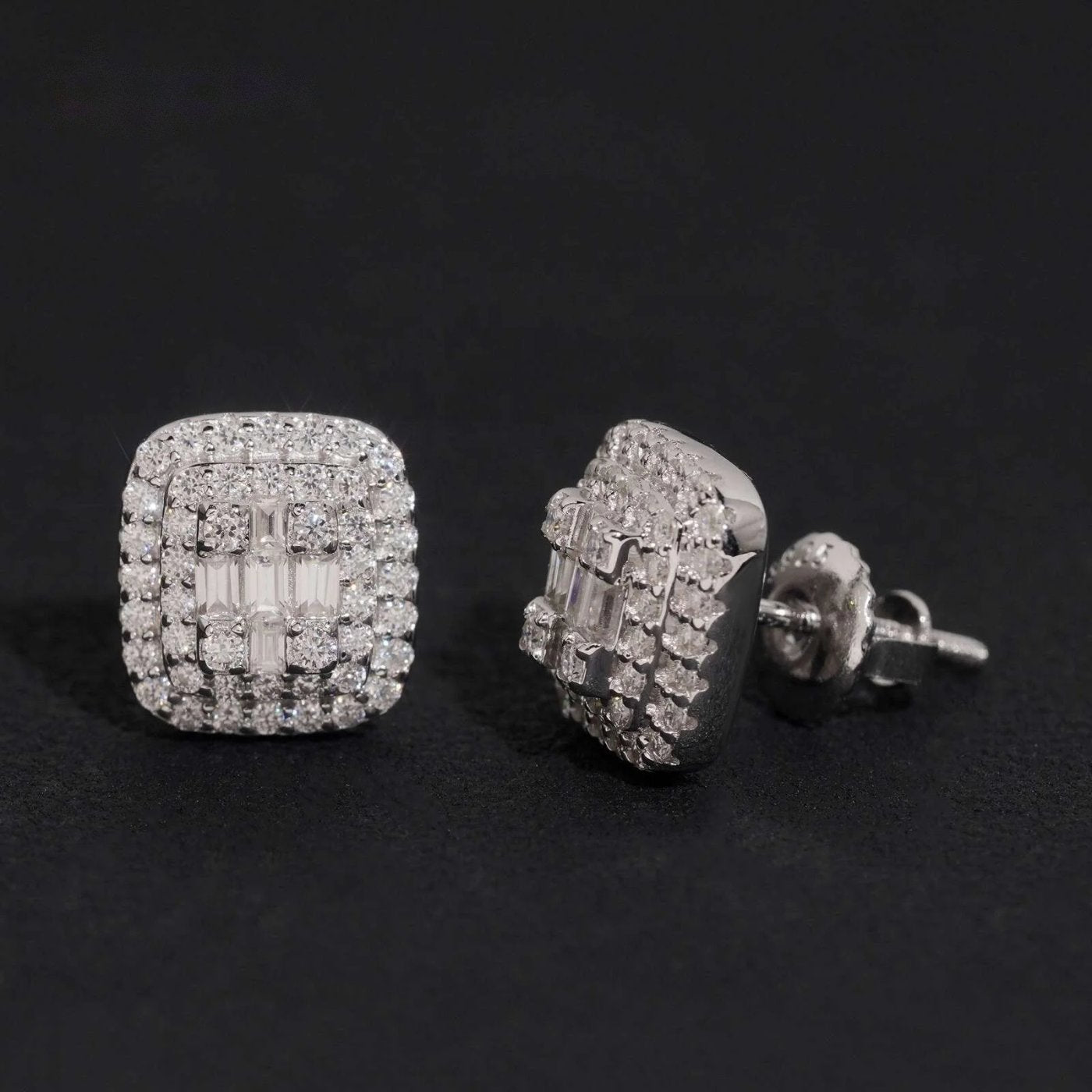 Men's Iced Square Stud Earrings — Moissanite, 925 Silver