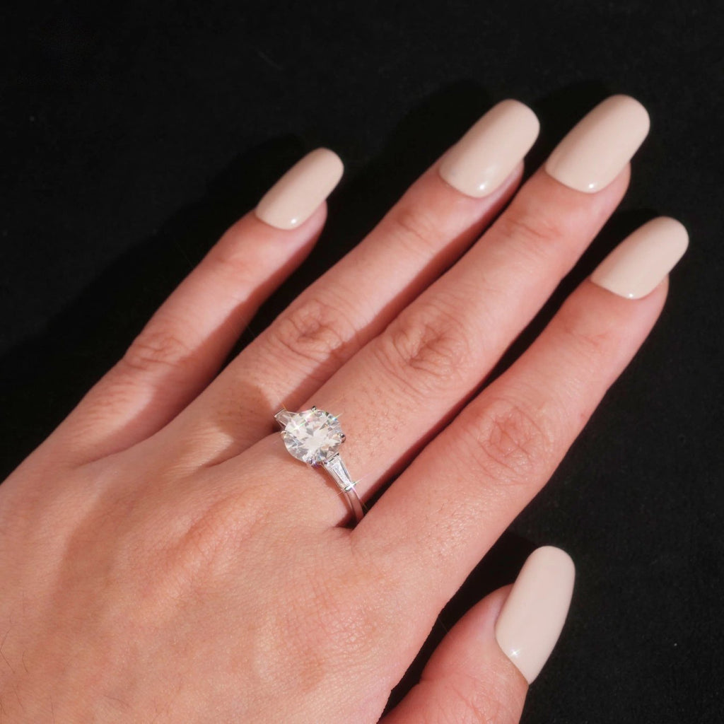 Round Cut Tapered Baguette Ring — Moissanite, 925 Silver