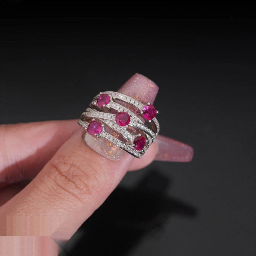 Vivid Pink Wave Ring — Moissanite, 925 Silver