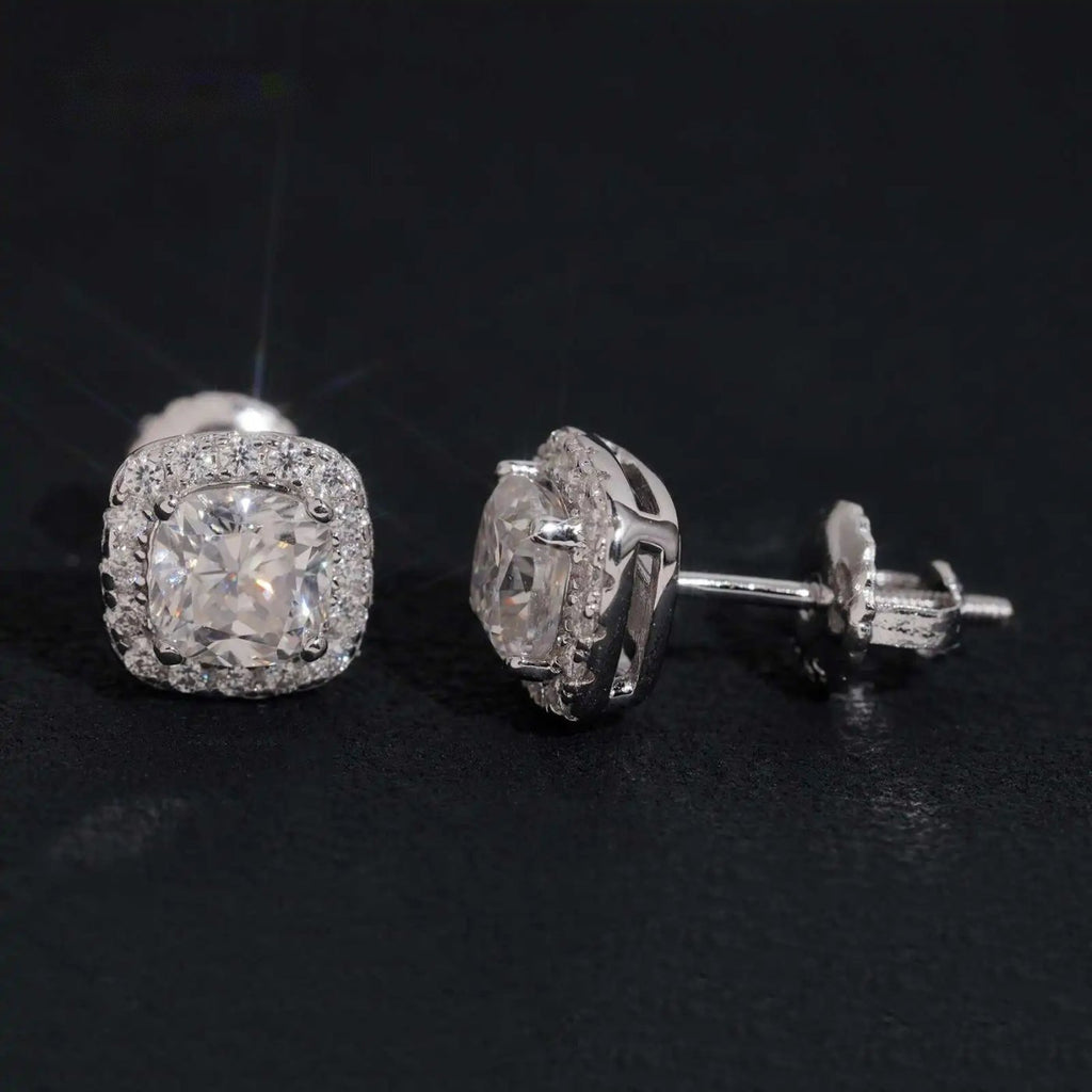 Iced Cushion Halo Stud Earrings — Moissanite, 925 Silver