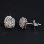 Iced Cushion Halo Stud Earrings — Moissanite, 925 Silver