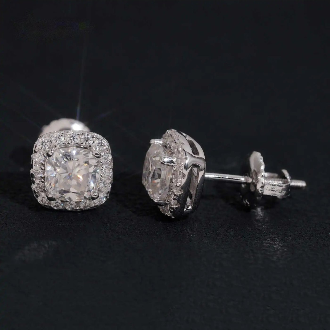 Iced Cushion Halo Stud Earrings — Moissanite, 925 Silver
