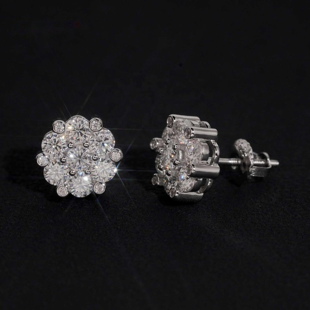 Flower Cluster Stud Earrings — Moissanite, 925 Silver