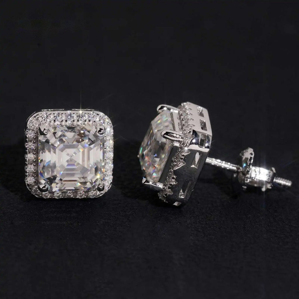 Iced Square Halo Stud Earrings — Moissanite, 925 Silver