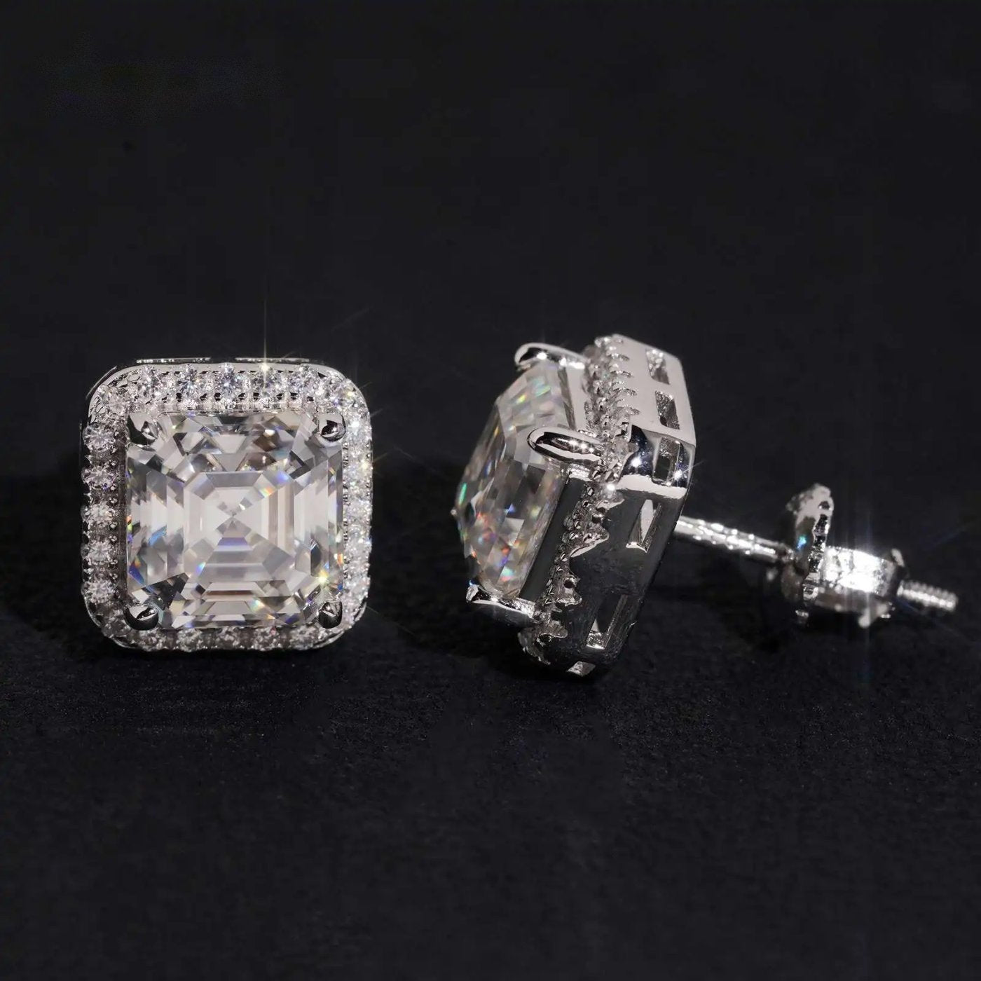 Iced Square Halo Stud Earrings — Moissanite, 925 Silver