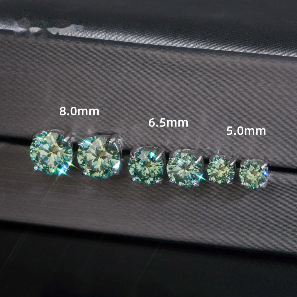 Blue-Green Round Solitaire Studs — Moissanite, 925 Silver