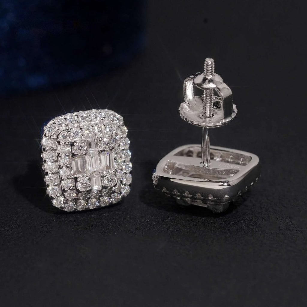 Men's Iced Square Stud Earrings — Moissanite, 925 Silver