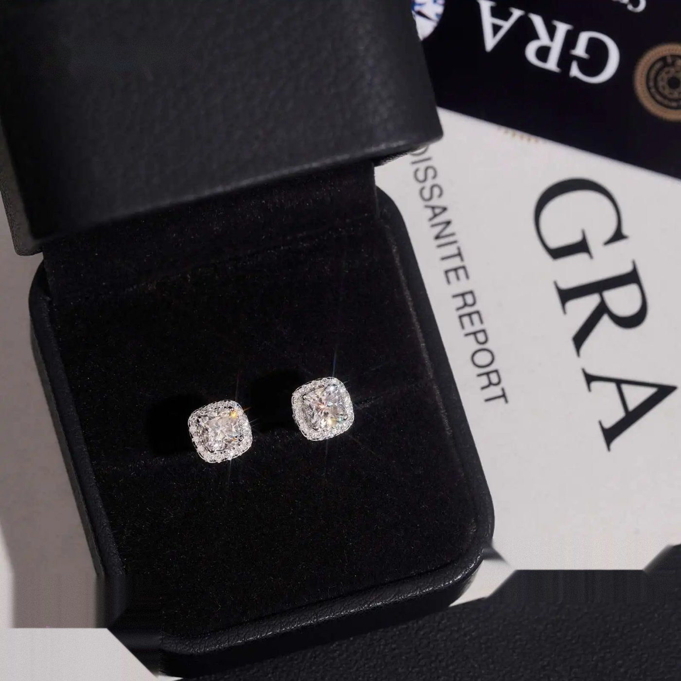 Iced Cushion Halo Stud Earrings — Moissanite, 925 Silver