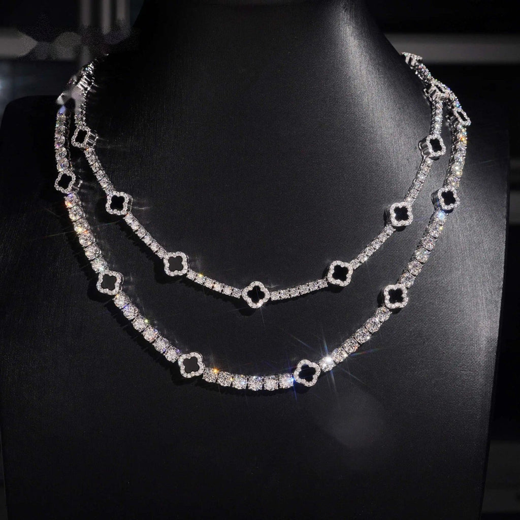 Black Agate Clover Tennis Chain — Moissanite, 925 Silver