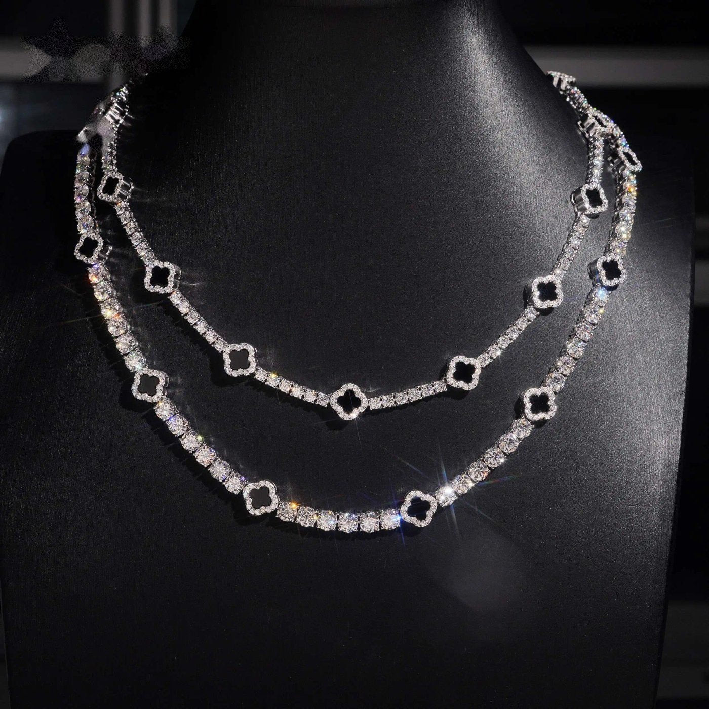 Black Agate Clover Tennis Chain — Moissanite, 925 Silver