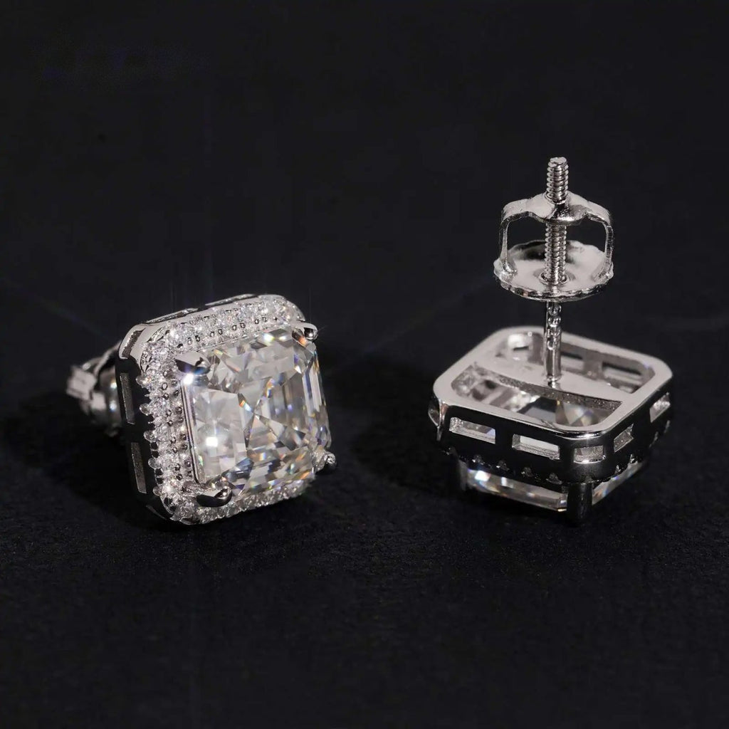 Iced Square Halo Stud Earrings — Moissanite, 925 Silver