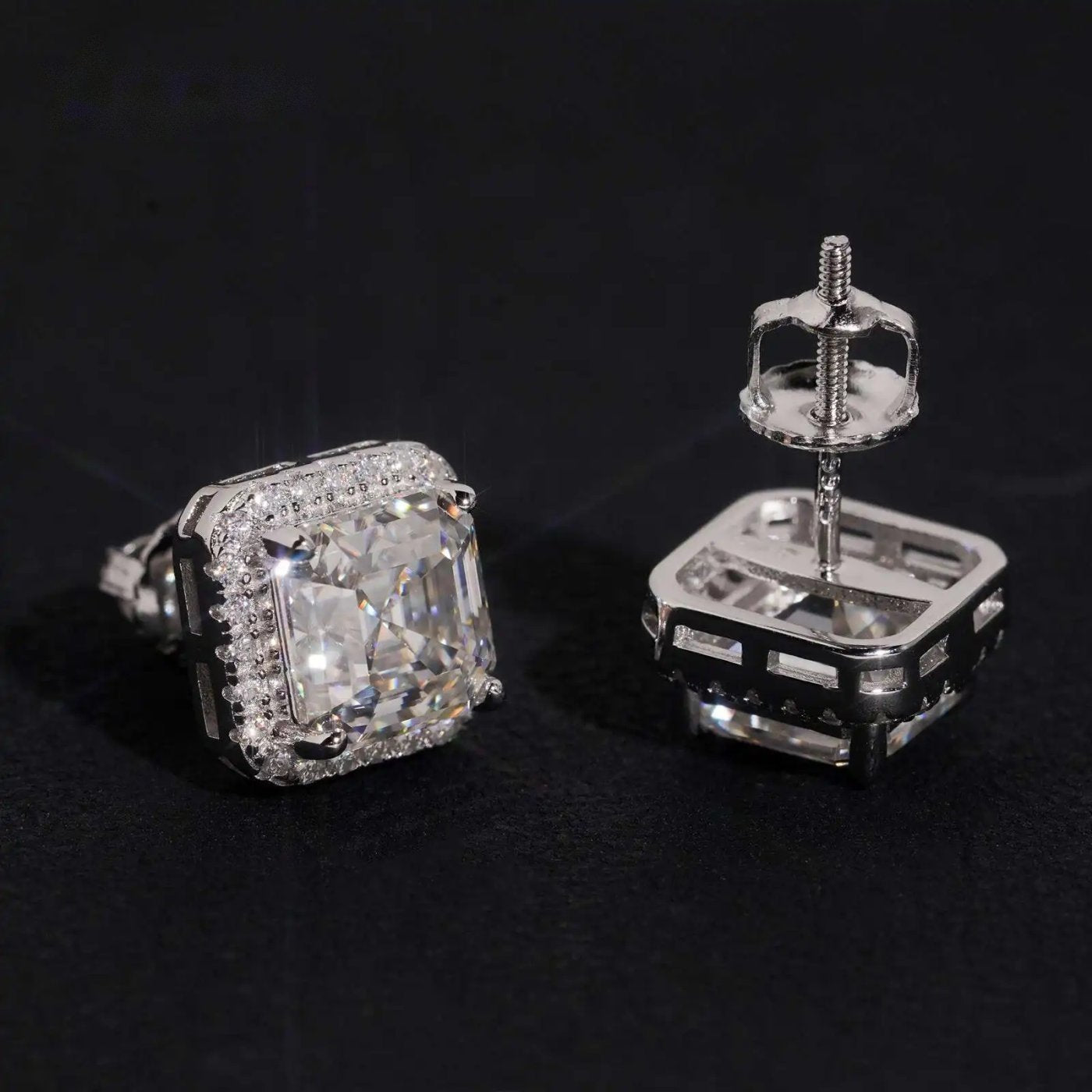 Iced Square Halo Stud Earrings — Moissanite, 925 Silver