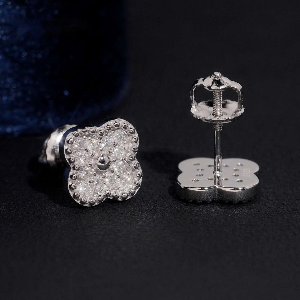 Clover Pavé Stud Earrings — Moissanite, 925 Silver