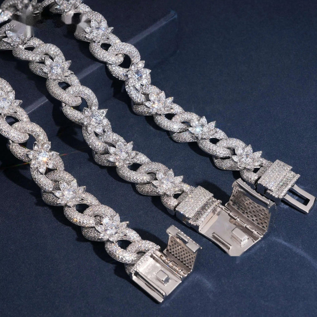 18mm Bling Flower Cuban Chain — Moissanite, 925 Silver
