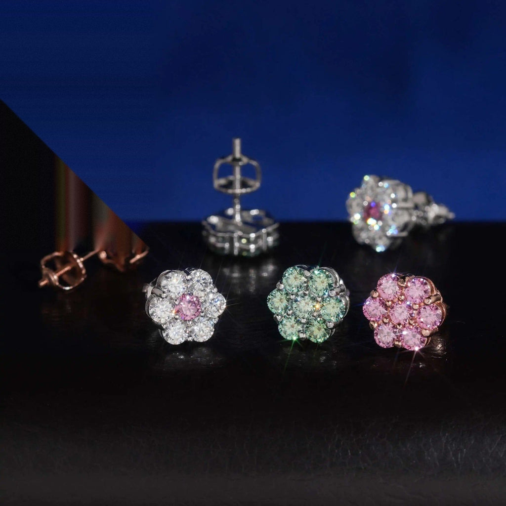 Colored Flower Cluster Studs — Moissanite, 925 Silver