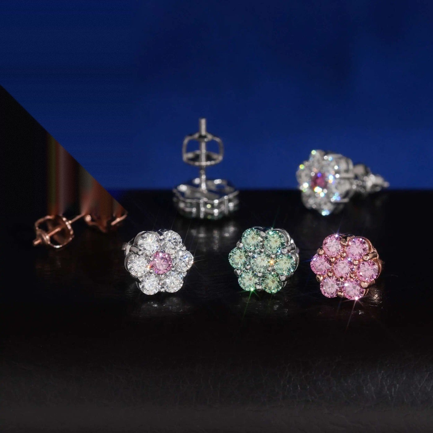 Colored Flower Cluster Studs — Moissanite, 925 Silver