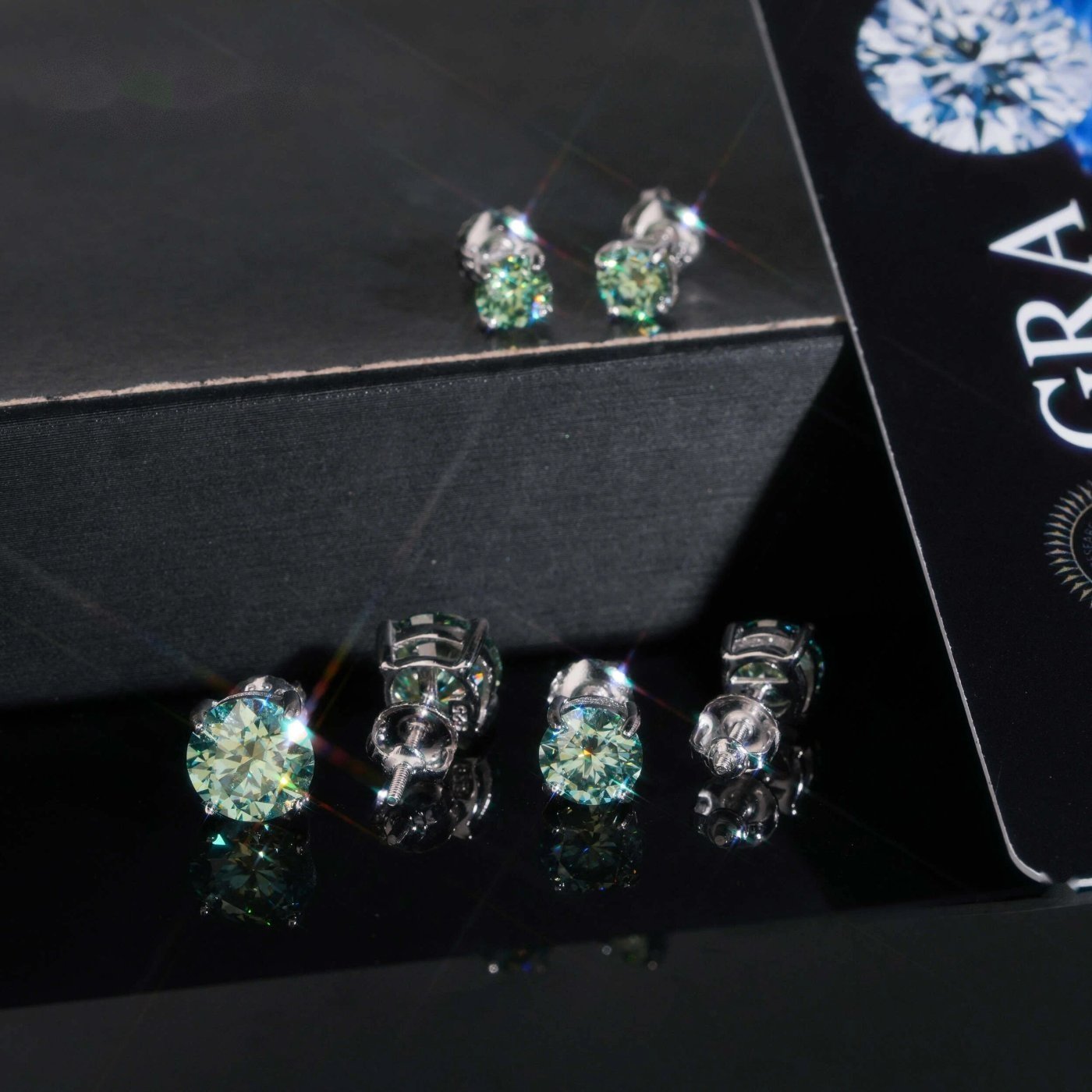 Blue-Green Round Solitaire Studs — Moissanite, 925 Silver