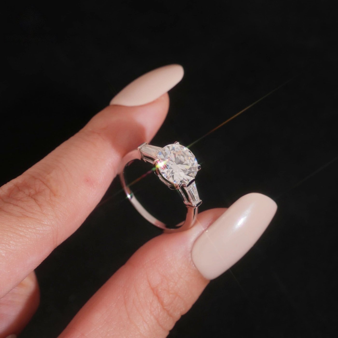 Round Cut Tapered Baguette Ring — Moissanite, 925 Silver