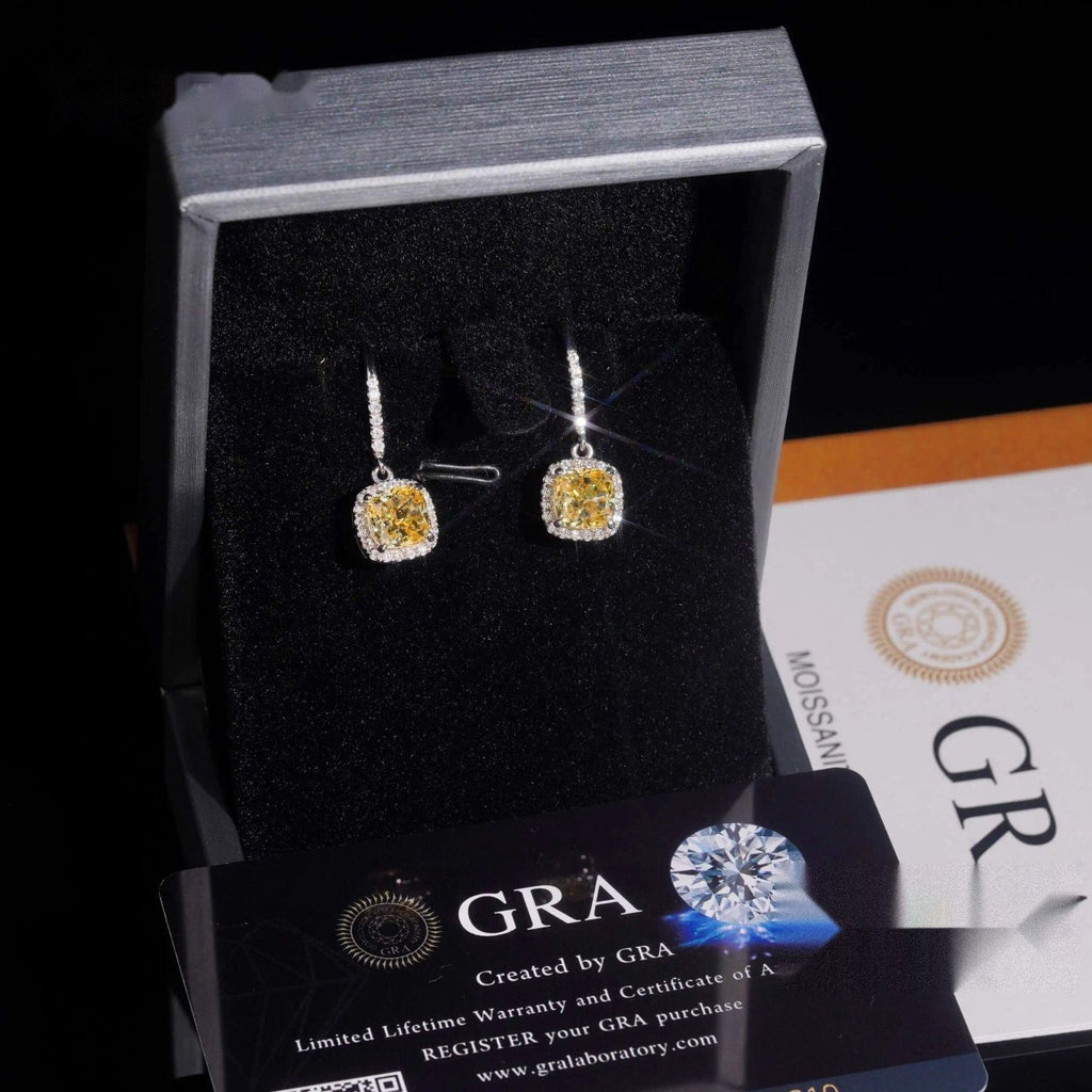 Cushion Halo Drop Earrings — Moissanite, 925 Silver