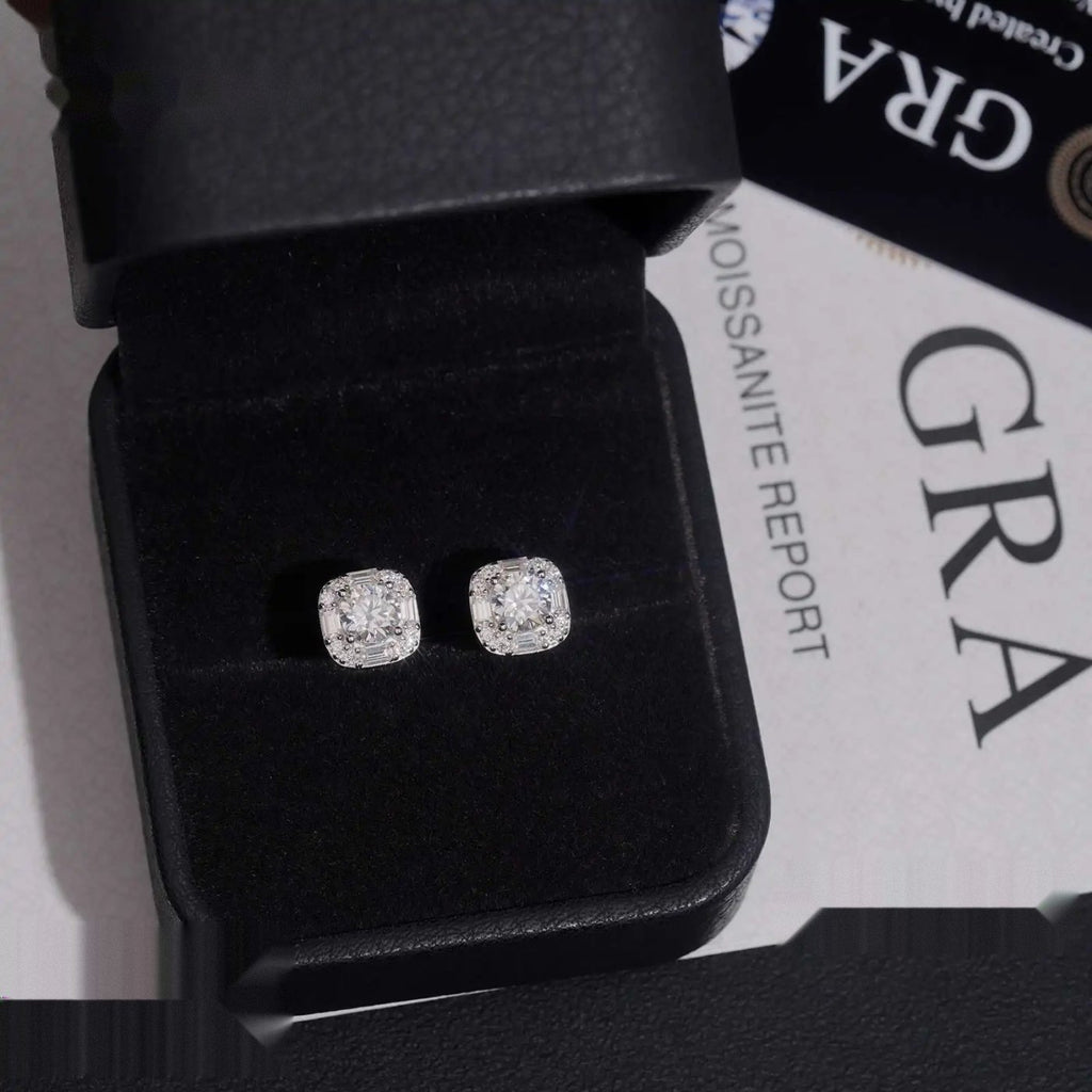 Cluster Baguette Stud Earrings — Moissanite, 925 Silver
