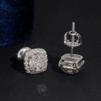 Iced Cushion Halo Stud Earrings — Moissanite, 925 Silver