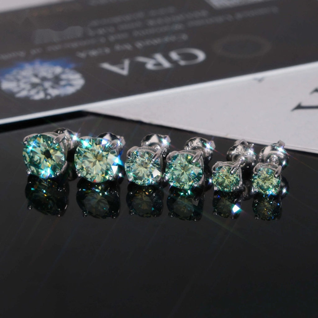 Blue-Green Round Solitaire Studs — Moissanite, 925 Silver