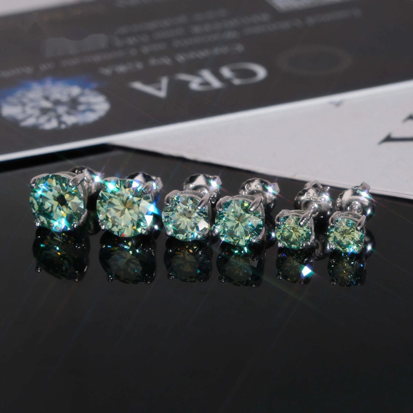 Blue-Green Round Solitaire Studs — Moissanite, 925 Silver