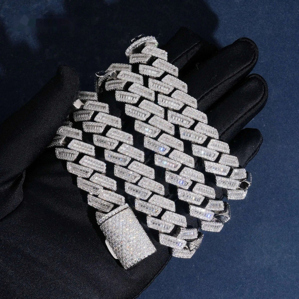 15mm Baguette Cuban Chain — Moissanite, 925 Silver