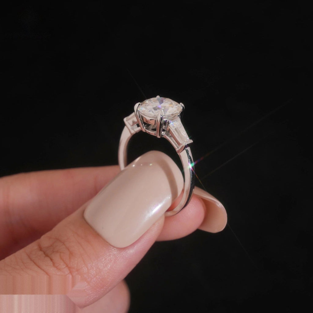 Round Cut Tapered Baguette Ring — Moissanite, 925 Silver