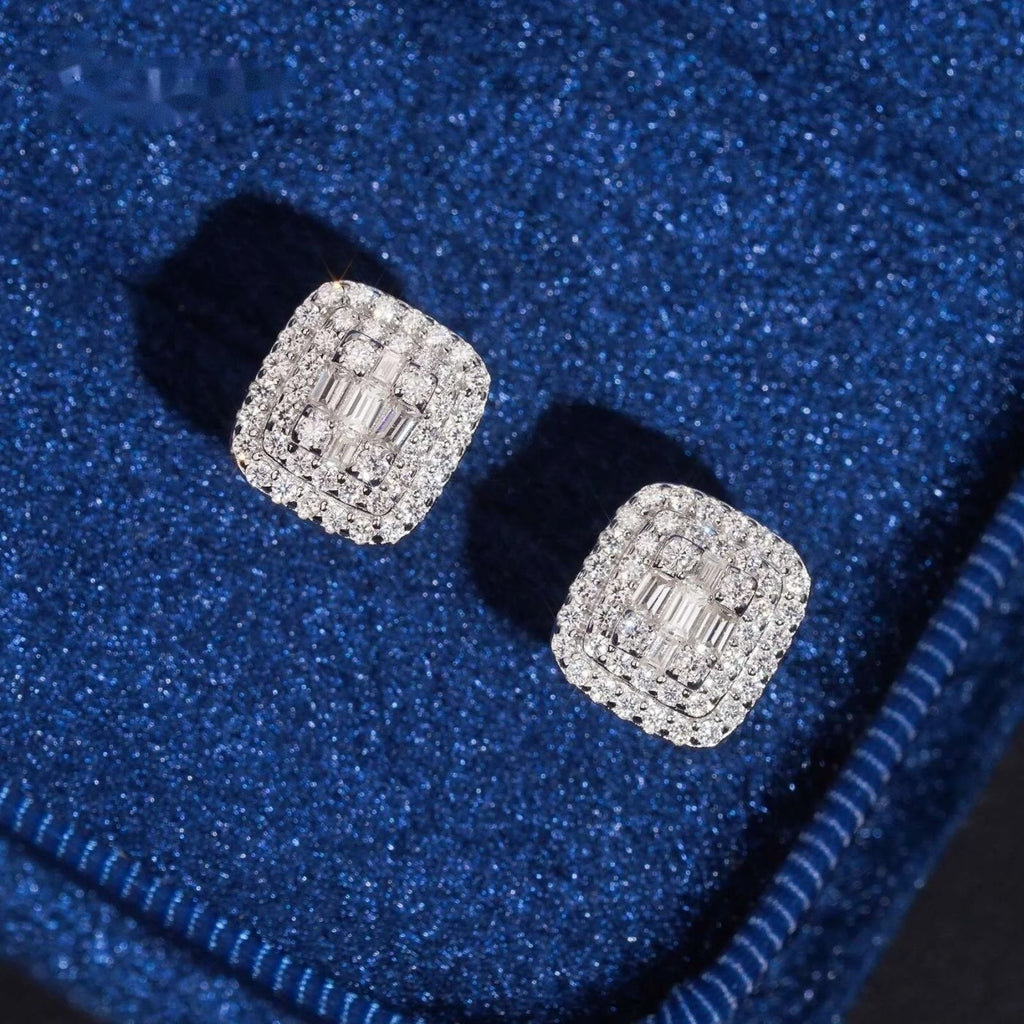 Men's Iced Square Stud Earrings — Moissanite, 925 Silver