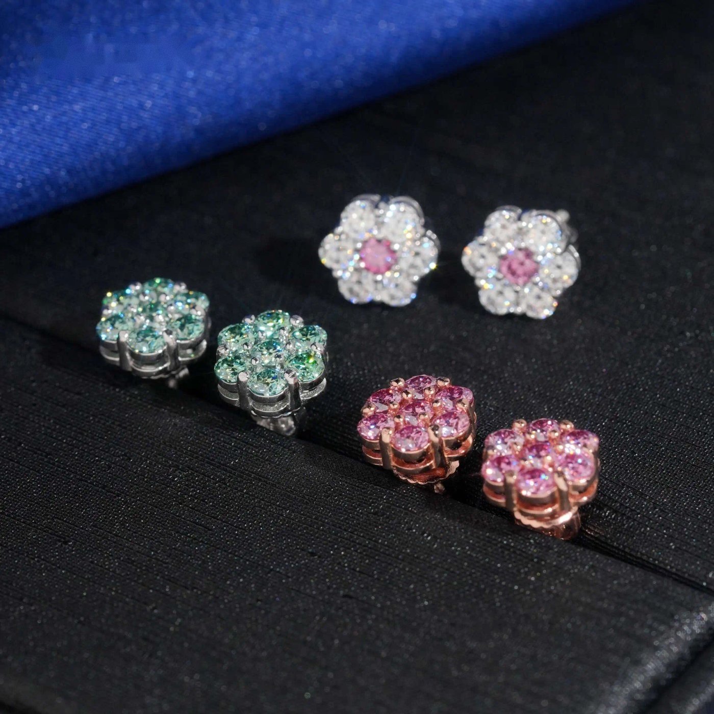 Colored Flower Cluster Studs — Moissanite, 925 Silver