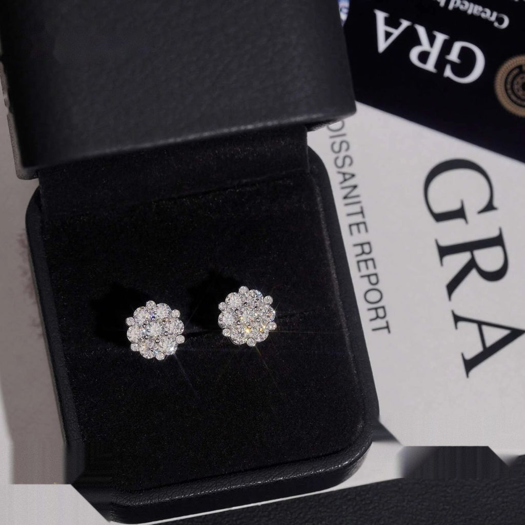 Flower Cluster Stud Earrings — Moissanite, 925 Silver